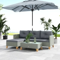 Outsunny 3 Pieces Rattan Garden Furniture Set, L Shaped Garden Conversation Chaise Lounge Furniture with Wood Top Coffee Table and Thick Cushions, Charcoal Grey(m-8)