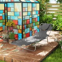 Outsunny Foldable Sun Lounger Set of 2, Beach Chaise Lounge with Reading Hole, Arm Slots, 5-Position Adjustable Backrest, Side Pocket, Pillow for Garden, Beach, Pool, Dark Grey(m-8)