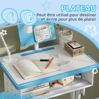 HOMCOM Bureau et chaise pour enfant avec support de lecture casier crochet et porte stylo 60 x 45x 90-102 cm bleu(m-7)