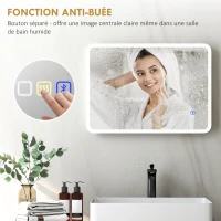 HOMCOM Miroir salle de bain LED bluetooth 50 x 70 cm interrupteur tactile lumière réglable 3 couleurs anti-buée mémoire argent(m-7)