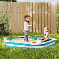 AIYAPLAY Caixa de Areia para Crianças acima de 3 Anos Quadrada com 4 Assentos para Exterior 133x133x16 cm Azul e Branco(m-9)