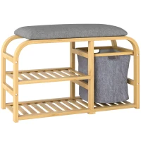 HOMCOM Banc à chaussures avec coussin d'assise, 2 étagères à lattes et panier en tissu coulissant, 70x30x45cm, bois naturel(m-11)