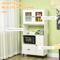 HOMCOM Armoire de cuisine avec 3 placards, niches, étagères réglables, portes vitrées, passe-câble, 90x40x180cm, blanc(m-7)