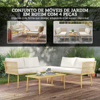 Outsunny Conjunto de Jardim de Vime Sintético de 4 Peças com 2 Sofás de 2 Lugares 1 Apoio para os Pés 1 Mesa de Centro Madeira e Creme(m-4)