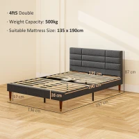 HOMCOM Upholstered Double Bed Frame 136W x 196D x 87Hcm with Slats - Grey(m-3)