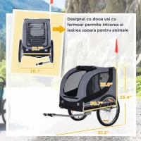 PawHut Remorcă Bicicletă pentru Câini Talie Medie cu Ferestre Laterale și Steag, 130x73x90 cm, Gri și Negru(m-3)