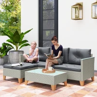 Outsunny 3 Pieces Rattan Garden Furniture Set, L Shaped Garden Conversation Chaise Lounge Furniture with Wood Top Coffee Table and Thick Cushions, Charcoal Grey(m-2)