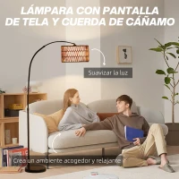 HOMCOM Lámpara de Pie Estilo Linterna con Pantalla de Fibra de Yute y Base de Mármol 93x34x144-175 cm Marrón y Negro(m-4)