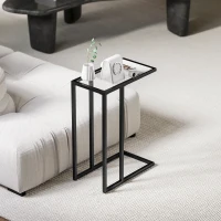 HOMCOM Table d'appoint en forme de C avec plateau en verre trempé, cadre en acier, noir(m-6)