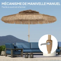 Outsunny Parasol de jardin extérieur en paille Ø 294 cm parasol droit mat 8 baleines en métal protection UV avec manivelle jaune(m-6)