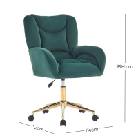 Height-Adjustable Swivel Chair with 360° Revolving Wheels, Gold Legs, Velvet Armchair for Home Office, 64L x 62W x 92.5-99H cm, Green(m-3)