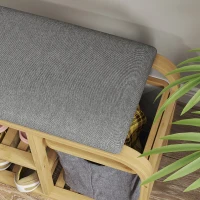 HOMCOM Banc à chaussures avec coussin d'assise, 2 étagères à lattes et panier en tissu coulissant, 70x30x45cm, bois naturel(m-8)