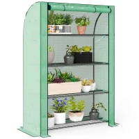 Outsunny Mini serre de jardin à 4 étages avec bâche PE renforcée, porte enroulable et étagères 120 x 50 x 170 cm, vert(m-11)