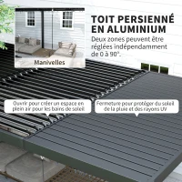 Outsunny Pergola 3 x 6 m  pergola d'extérieur tonnelle avec persiennes manivelle, toit réglable en aluminium crochets gris foncé(m-4)