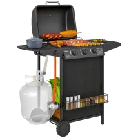 Outsunny Barbecue a Gás com 3+1 Queimadores 9,5 kW Termómetro Grelha Recolhedor de Gordura e 2 Rodas 108x54x97 cm Preto(m-10)