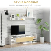 HOMCOM Ensemble meuble TV avec banc et étagère murale style contemporain 153,6L cm - blanc et bois naturel(m-4)