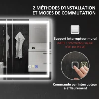 HOMCOM Miroir salle de bain LED bluetooth 60 x 80 cm interrupteur tactile lumière réglable 3 couleurs anti-buée mémoire argent(m-9)