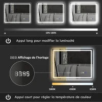 HOMCOM Miroir salle de bain LED bluetooth 80 x 100 cm interrupteur tactile lumière réglable 3 couleurs anti-buée mémoire argent(m-6)