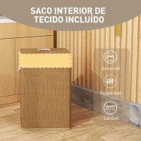 HOMCOM Cesto de Roupa com Tampa 72L Cesto de Roupa de Bambu com Bolsa Interior Removível e Alças 40x30x60 cm Madeira e Creme(m-7)