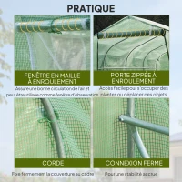 Outsunny Serre de jardin tunnel serres tunnel 6 m² avec 6 fenêtres porte à fermeture éclair toile PE structure fer galvanisé vert(m-6)