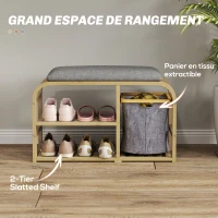 HOMCOM Banc à chaussures avec coussin d'assise, 2 étagères à lattes et panier en tissu coulissant, 70x30x45cm, bois naturel(m-5)