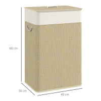 HOMCOM Cesto de Roupa com Tampa 72L Cesto de Roupa de Bambu com Bolsa Interior Removível e Alças 40x30x60 cm Bege e Creme(m-3)