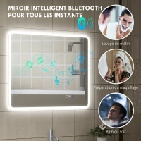 HOMCOM Miroir salle de bain LED bluetooth 70 x 90 cm interrupteur tactile lumière réglable 3 couleurs anti-buée mémoire argent(m-5)