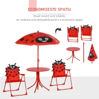Outsunny Set masă de grădină cu 2 scaune pliabile, masă și scaune pentru copii în aer liber cu umbrelă din metal și poliester, roșu(m-4)