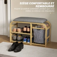 HOMCOM Banc à chaussures avec coussin d'assise, 2 étagères à lattes et panier en tissu coulissant, 70x30x45cm, bois naturel(m-4)