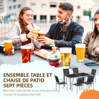Outsunny Ensemble de jardin 6 chaises + 1 table en acier salon de jardin 7 pièces chaises empilables plateau en verre trempé noir(m-4)