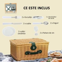 Outsunny Coș de Picnic din Răchită pentru 2 Persoane cu Zonă Frigorifică și Veselă, 40x30x20 cm, Maro Deschis(m-4)