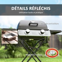 Outsunny Barbecue gaz transportable, 2 brûleurs 5,6 kW, barbecue gaz de camping avec étagères latérales thermomètre et roues, noir(m-7)