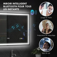 HOMCOM Miroir salle de bain LED bluetooth 80 x 100 cm interrupteur tactile lumière réglable 3 couleurs anti-buée mémoire argent(m-5)
