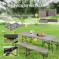 Outsunny Conjunto de Campismo Dobrável de 3 Peças Inclui 1 Mesa 180x74x74 cm e 2 Bancos 182x28x42 cm Efeito Madeira Castanho(m-7)