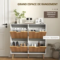 HOMCOM Meuble à chaussures 4 abattants 16 paires avec étagère réglable pieds en bois de pin 95 x 26 x 95 cm naturel(m-4)