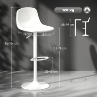 HOMCOM 2 Bancos de Bar Reguláveis em Altura 84-104 cm com Encosto e Apoio para os Pés Estofadas em PU Giratórias em 360° Branco(m-3)