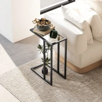 HOMCOM Table d'appoint en forme de C avec plateau en verre trempé, cadre en acier, noir(m-7)