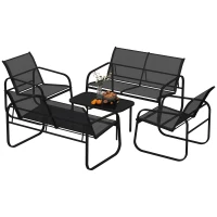 Outsunny Salon de jardin extérieur 5 pièces en acier et textilène avec canapés, 2 fauteuils et table basse en verre trempé, gris(m-1)