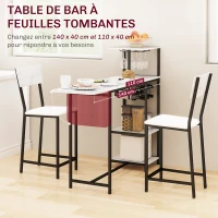 HOMCOM Ensemble table de bar avec tabourets, abattant pliant, casiers à vin, porte-verres, étagères et repose-pieds, blanc(m-4)