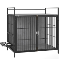 PawHut Dog Crate Furniture with Rotating Bowl Holder, 2 Bowls, 2 Doors, for Medium Dogs, 80 x 56 x 76.5 cm, Grey