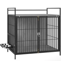 PawHut Dog Crate Furniture with Rotating Bowl Holder, 2 Bowls, 2 Doors, for Medium Dogs, 80 x 56 x 76.5 cm, Grey(m-1)