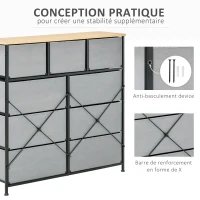HOMCOM Commode 9 tiroirs meuble de rangement tiroir en tissu pliant - structure acier noir - 100 x 30 x 100 cm, chêne et gris(m-7)