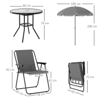 Outsunny Conjunto de Mesa e Cadeiras de Jardim de 6 Peças com 4 Cadeiras Dobráveis Mesa de Vidro e Chapéu de Sol Cinzento(m-3)
