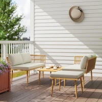 Outsunny Conjunto de Jardim de Vime Sintético de 4 Peças com 2 Sofás de 2 Lugares 1 Apoio para os Pés 1 Mesa de Centro Madeira e Creme(m-8)
