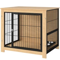PawHut Gaiola para Cães Mesa Auxiliar Moderna com 2 Portas Suporte Giratório com 2 Tigelas para Cães Médios 80x60x68 cm Carvalho(m-11)