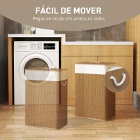 HOMCOM Cesto de Roupa com Tampa 72L Cesto de Roupa de Bambu com Bolsa Interior Removível e Alças 40x30x60 cm Madeira e Creme(m-6)