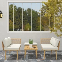 Outsunny Salon de jardin extérieur en résine tressée 5 places modulable 2 canapés, pouf et table basse, coussins inclus, crème(m-9)