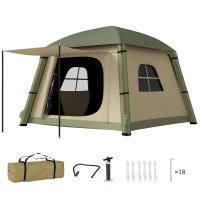 Outsunny Inflatable Camping Tent w/ Hand Pump, Easy Setup 1/2 Person Blow Up Tent Waterproof 190T Taffeta w/ Mesh Windows, Doors and Carry Bag, Brown(m-11)
