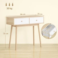 HOMCOM Table console avec 2 tiroirs et pieds en bois, pour salon, entrée, couloir, 86 x 35 x 75 cm, chêne et blanc(m-3)