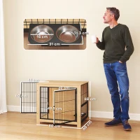 PawHut Gaiola para Cães Mesa Auxiliar Moderna com 2 Portas Suporte Giratório com 2 Tigelas para Cães Médios 80x60x68 cm Carvalho(m-3)
